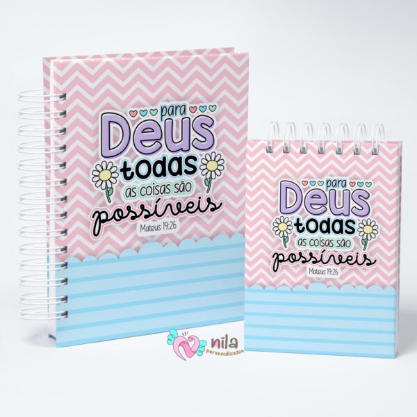 Kit Presente Caderno + Bloco + Caneta + Caixa - Para Deus Todas as Coisas são Posiveis