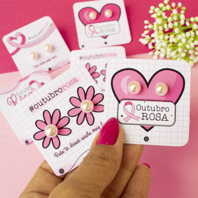 50 Brincos de Pérolas + 50 Card Ourubro Rosa