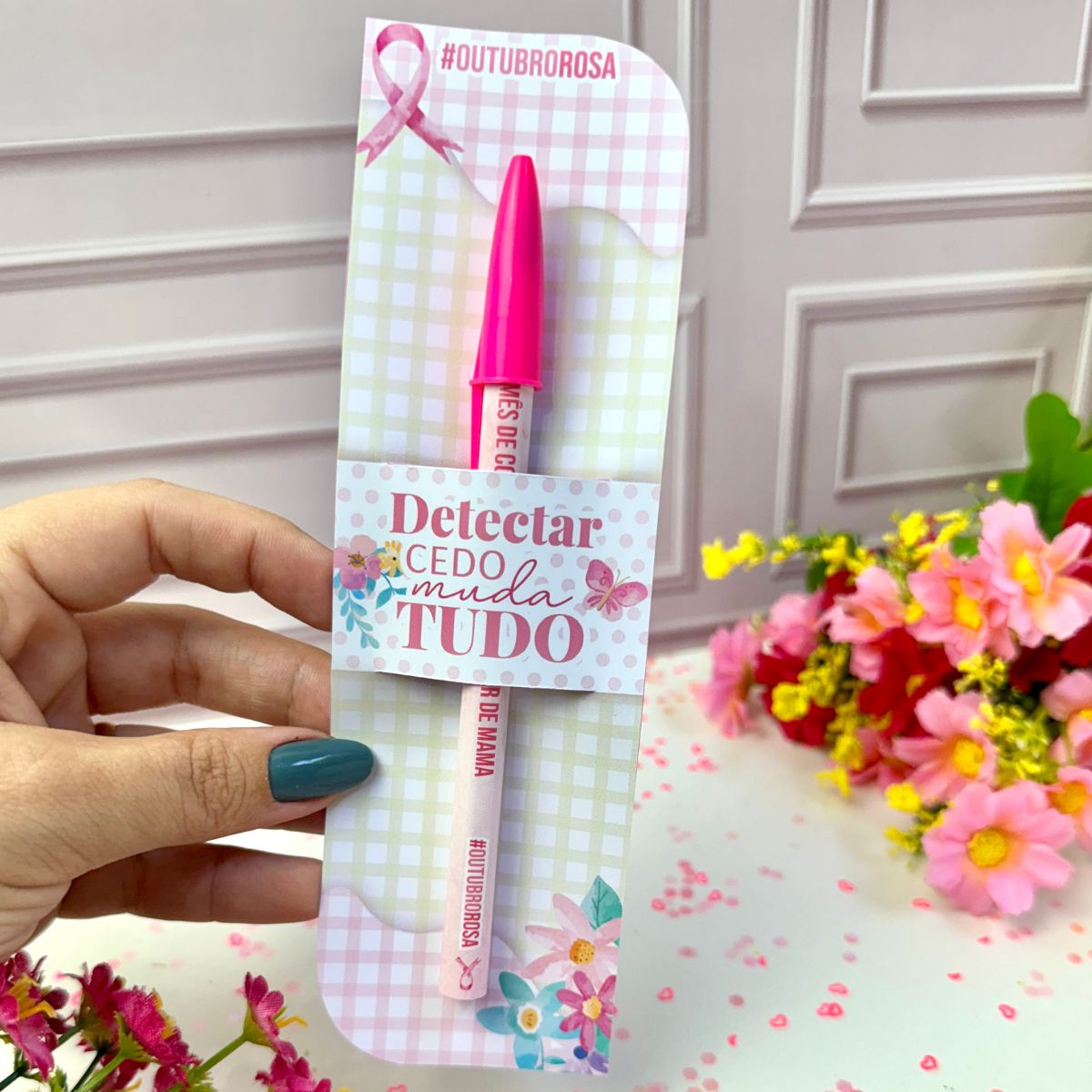 Kit com 10 Canetas + 10 Card Outubro rosa